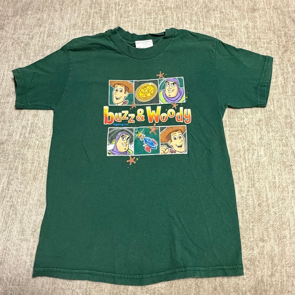 Disney Store Toy Story Buzz & Woody Graphic T-Shirt Youth Green Vintage